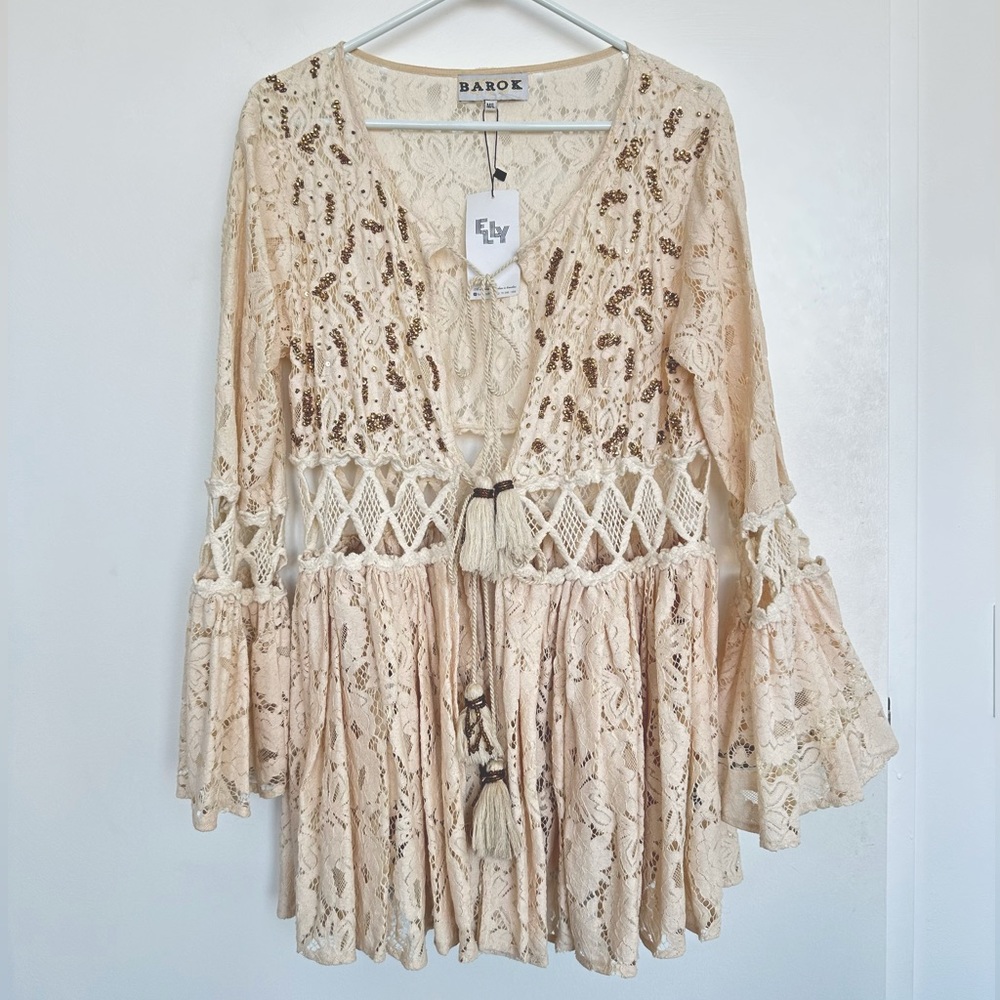 SOLD. NWT Bohemian crochet embellished dress